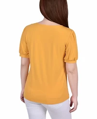 Ny Collection Petite Short Puff Sleeve Mesh Inset Top