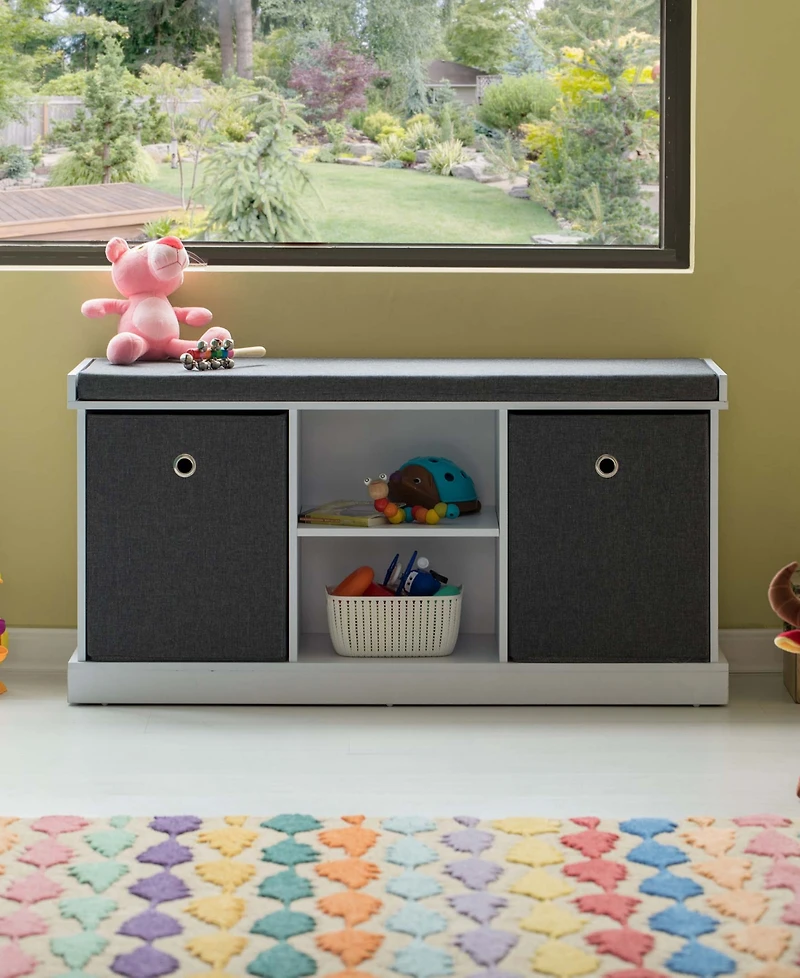 Basicwise Mdf Storage Box Shoe Bench with 2 Shelves, Foldable Baskets and a Gray Cushion, White