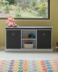 Basicwise Mdf Storage Box Shoe Bench with 2 Shelves, Foldable Baskets and a Gray Cushion, White