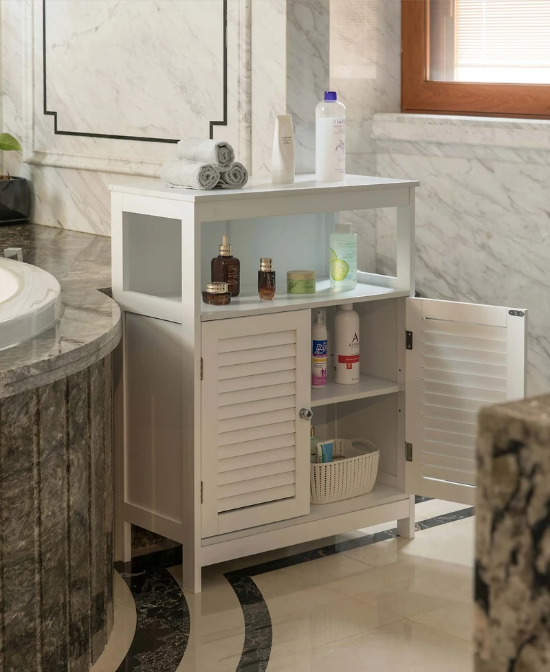 Basicwise Wooden White Modern Storage Bathroom Vanity Cabinet with Adjustable Shelves and Two Horizontal Planks Design Doors