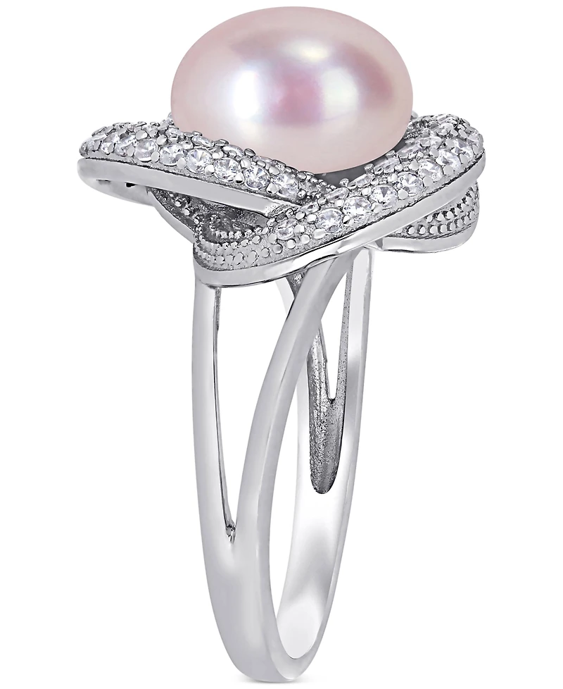 Pink Cultured Freshwater Pearl (10-1/2mm) & Cubic Zirconia Love Knot Statement Ring Sterling Silver