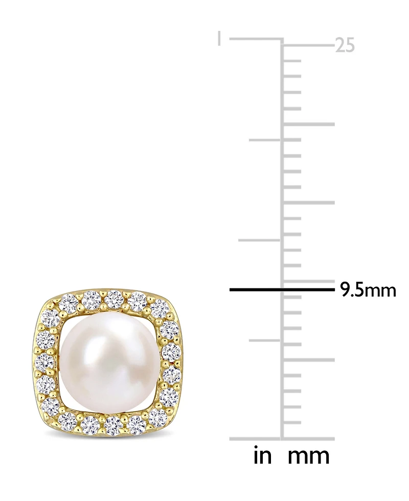 Cultured Freshwater Pearl (6mm) & Lab-Created White Sapphire (3/8 ct. t.w.) Square Halo Stud Earrings in 10k Gold