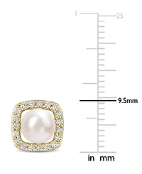 Cultured Freshwater Pearl (6mm) & Lab-Created White Sapphire (3/8 ct. t.w.) Square Halo Stud Earrings in 10k Gold