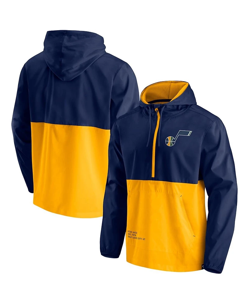 Men's Fanatics Navy, Gold Utah Jazz Anorak Block Party Windbreaker Half-Zip Hoodie Jacket
