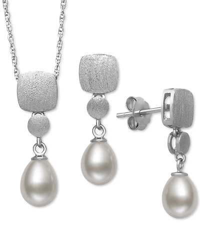 Belle de Mer 2-Pc. Set Cultured Freshwater Pearl (6mm) Brushed Finish Pendant Necklace & Matching Drop Earrings in Sterling Silver, Created for Macy's