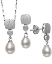 Belle de Mer 2-Pc. Set Cultured Freshwater Pearl (6mm) Brushed Finish Pendant Necklace & Matching Drop Earrings in Sterling Silver, Created for Macy's
