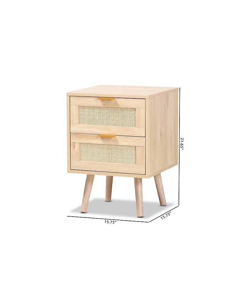 Baird Mid-Century Modern Wood and Rattan 2 Drawer Nightstand