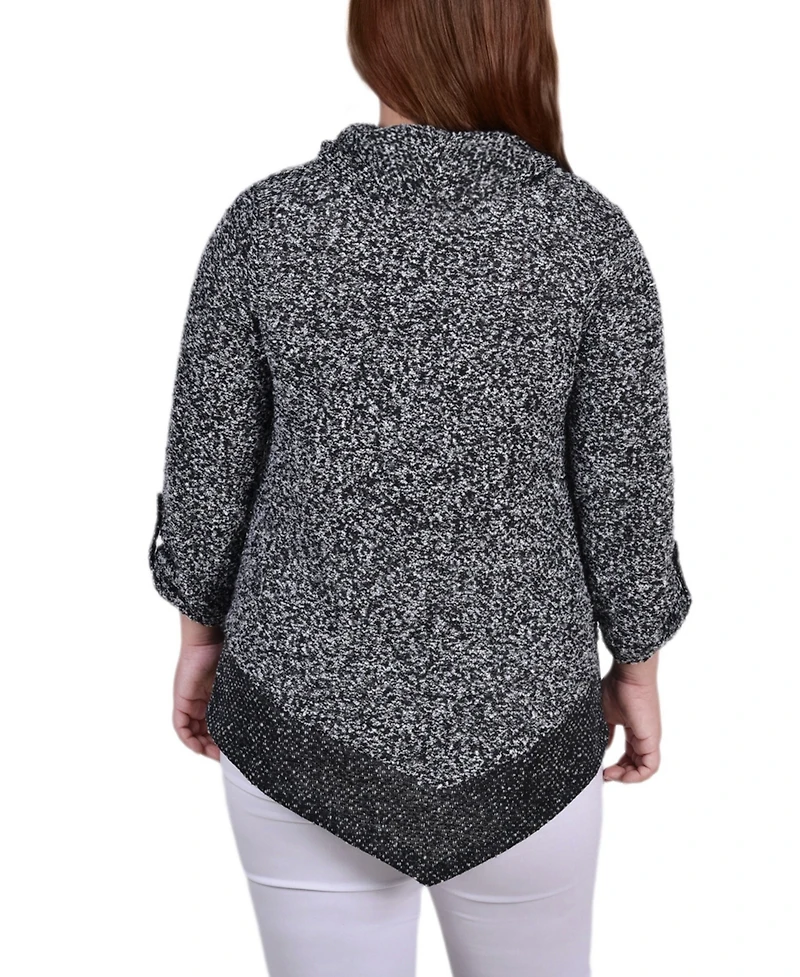 Plus Size Long Roll Tab Sleeve Nubby Cowl Neck Top