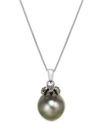 Tahitian Pearl (12mm) and Black Diamond Accent Pendant Necklace in 14k White Gold