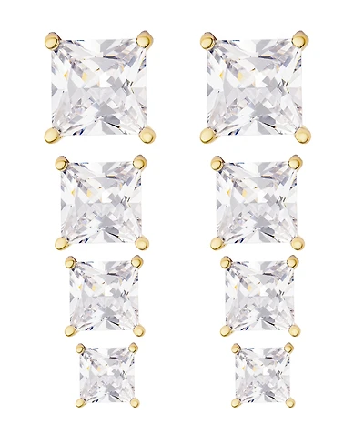 Women's 14k Gold Plated Square Cubic Zirconia Stud Earrings Set, 8 Pieces