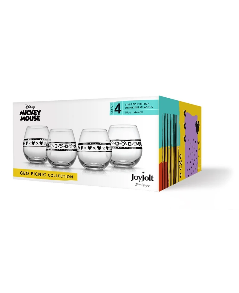 JoyJolt Disney Geo Picnic Mickey Mouse 15 Oz Stemless Wine Glasses Set, 4 Pieces