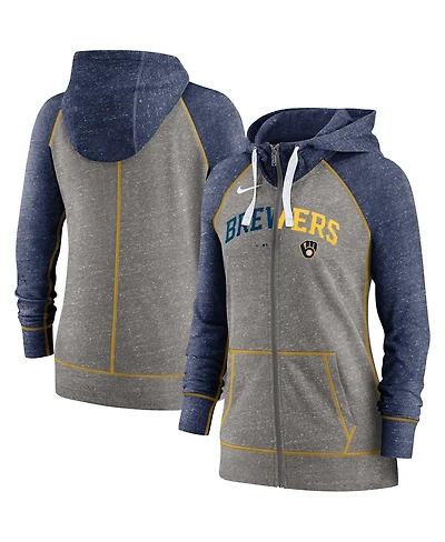 Women's Nike Heathered Charcoal, Navy Milwaukee Brewers Split Wordmark Gym Vintage-Like Raglan Full-Zip Hoodie
