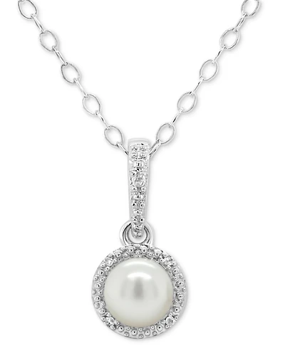 Cultured Freshwater Pearl & Diamond Accent 18" Pendant Necklace in Sterling Silver (Also in Onyx, Turquoise, & Labradorite)