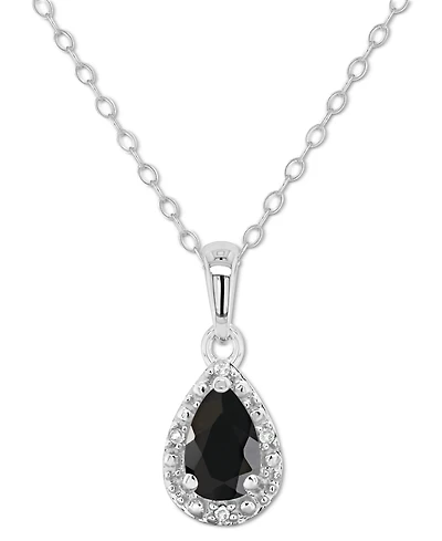 Labradorite & Diamond Accent Pear 18" Pendant Necklace Sterling Silver (Also Onyx, Turquoise)