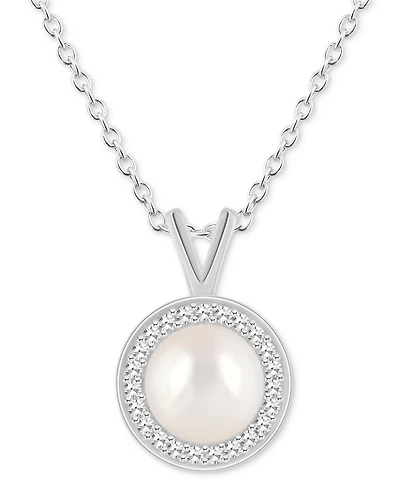 Cultured Freshwater Pearl & Diamond (1/8 ct. t.w.) Halo Pendant Necklace in Sterling Silver (Also in Onyx, Turquoise, & Labradorite)