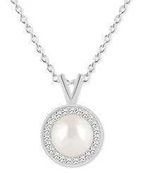 Cultured Freshwater Pearl & Diamond (1/8 ct. t.w.) Halo Pendant Necklace in Sterling Silver (Also in Onyx, Turquoise, & Labradorite)