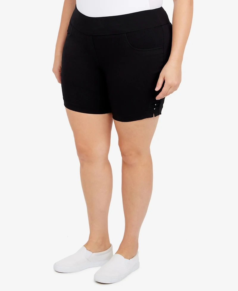 Plus Essentials Solid Color Tech Stretch Shorts with Elastic Waistband