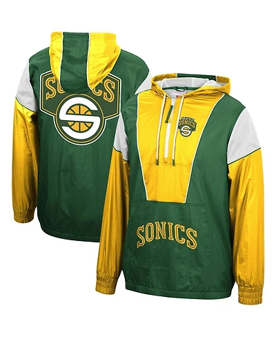 Men's Mitchell & Ness Green, Gold Seattle Supersonics Hardwood Classics Highlight Reel Windbreaker Hoodie Half-Zip Jacket