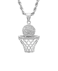 Steeltime Men's Stainless Steel Simulated Diamond Basketball and Hoop Pendant