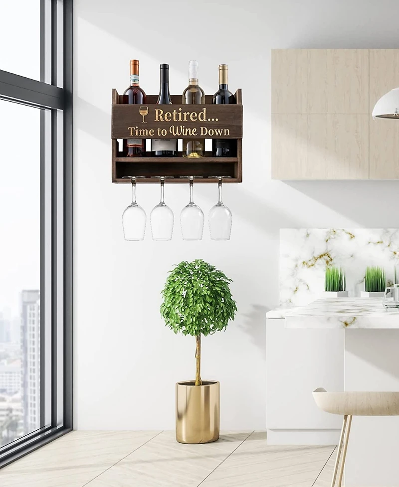 Retired Time To Wine Down Wall Mounted Wine Rack with Wine Glasses, Set of 5