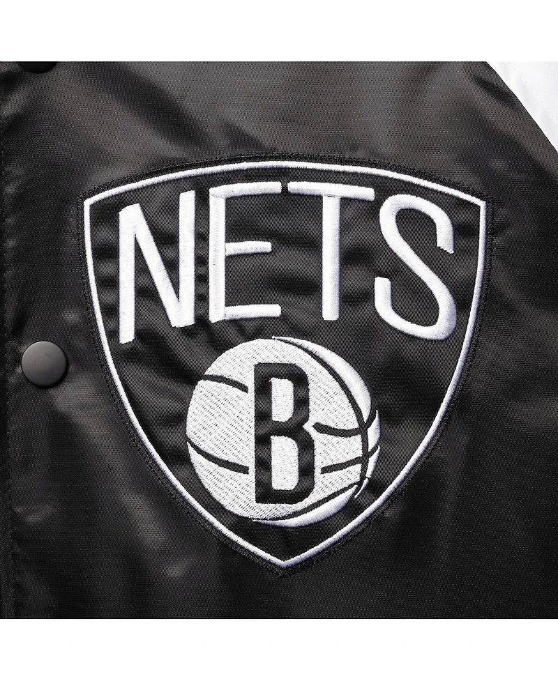 Men's Starter Black, Gray Brooklyn Nets Reliever Varsity Satin Raglan Full-Snap Jacket