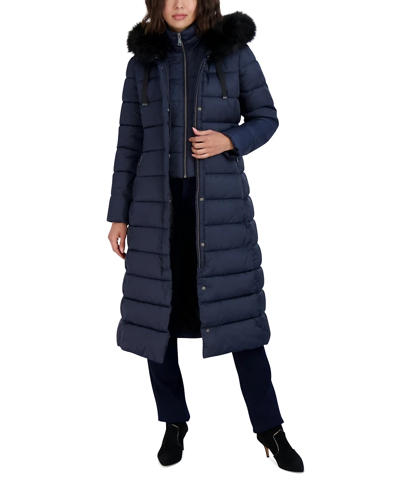 Tahari Womens Maxi Shine Bibbed Faux-Fur-Trimmed Hooded Puffer Coat