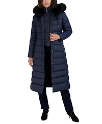 Tahari Womens Maxi Shine Bibbed Faux-Fur-Trimmed Hooded Puffer Coat