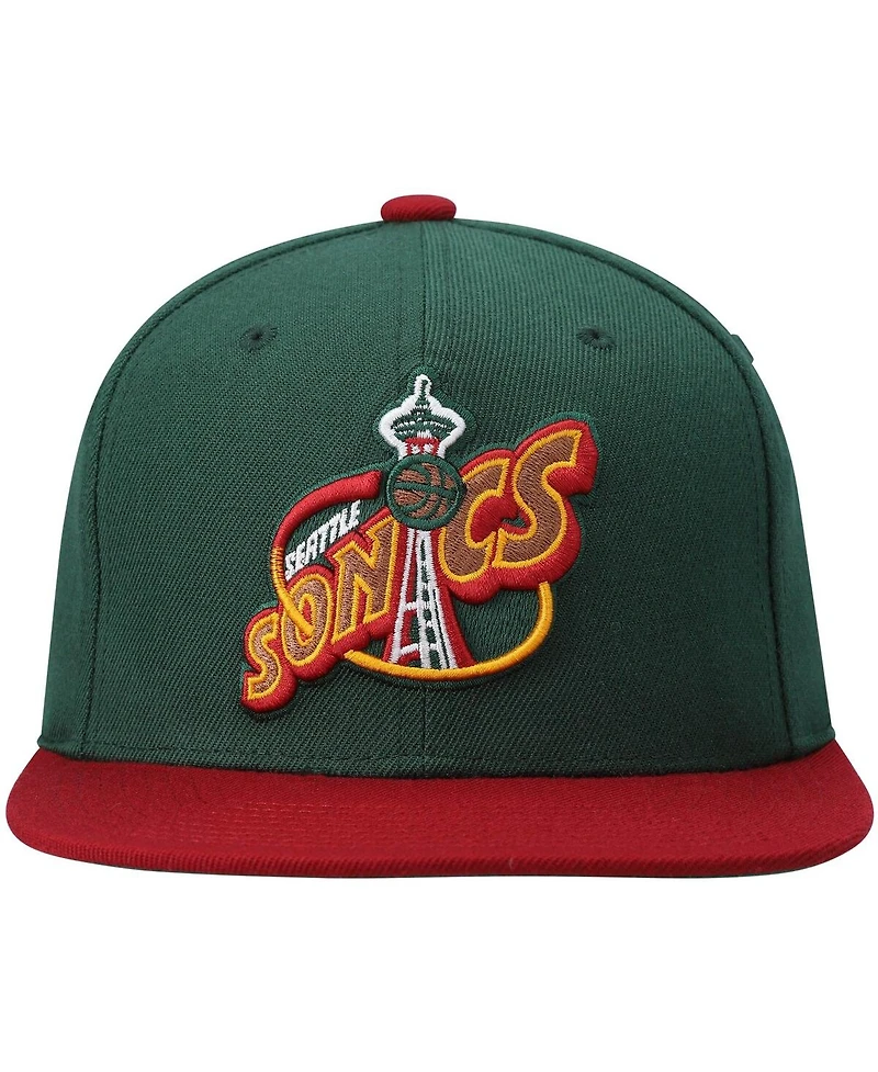 Men's Mitchell & Ness Green, Red Seattle Supersonics Hardwood Classics Team Two-Tone 2.0 Snapback Hat