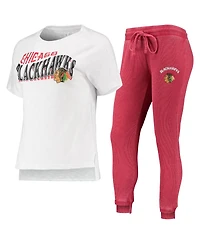 Women's Concepts Sport Red, White Chicago Blackhawks Resurgence Slub Burnout Raglan T-shirt and Joggers Sleep Set