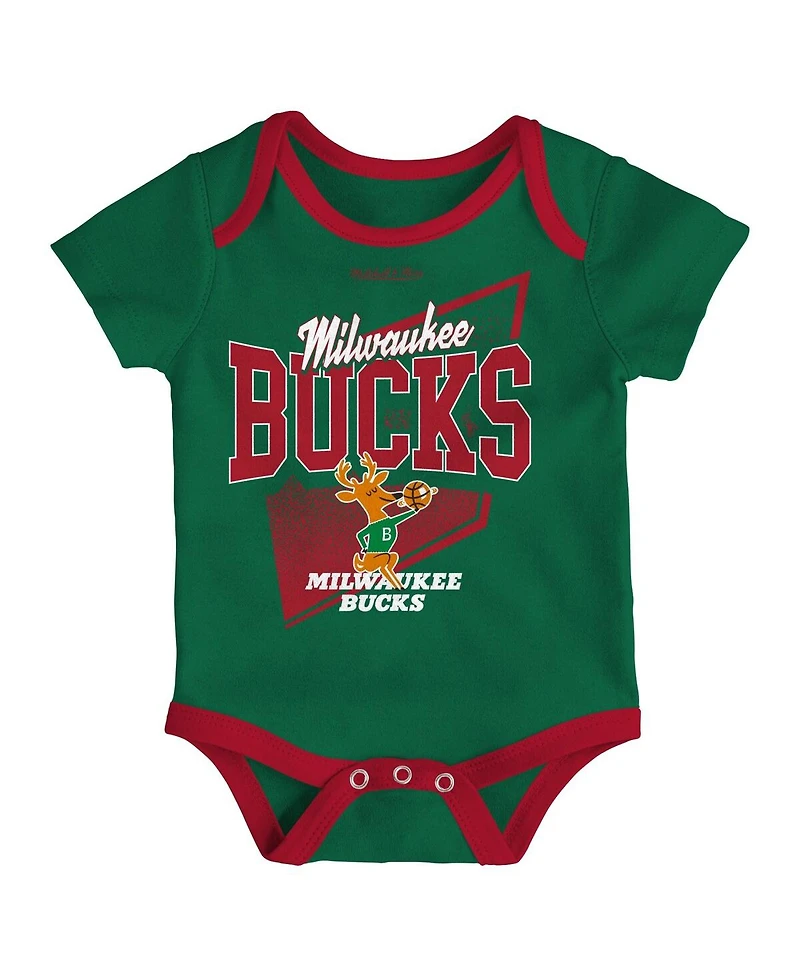 Infant Boys and Girls Mitchell & Ness Hunter Green, Red Milwaukee Bucks Hardwood Classics Bodysuits and Cuffed Knit Hat Set