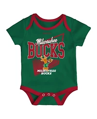 Infant Boys and Girls Mitchell & Ness Hunter Green, Red Milwaukee Bucks Hardwood Classics Bodysuits and Cuffed Knit Hat Set