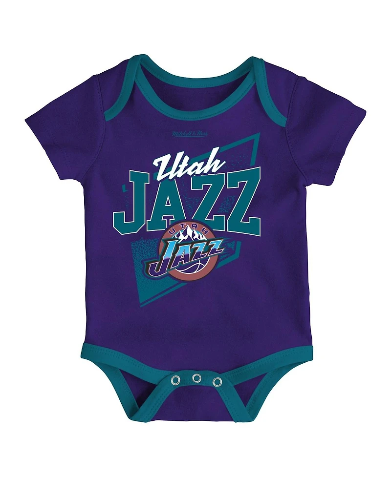 Infant Boys and Girls Mitchell & Ness Purple, Teal Utah Jazz Hardwood Classics Bodysuits and Cuffed Knit Hat Set