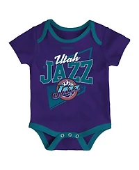 Infant Boys and Girls Mitchell & Ness Purple, Teal Utah Jazz Hardwood Classics Bodysuits and Cuffed Knit Hat Set