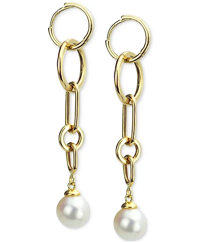 Cultured Freshwater Pearl (8-9mm) Chain Link Drop Earrings in 14k Gold