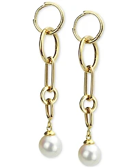 Cultured Freshwater Pearl (8-9mm) Chain Link Drop Earrings in 14k Gold