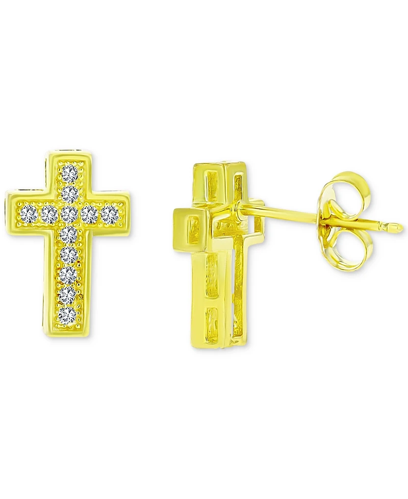 Cubic Zirconia Cross Stud Earrings in 14k Gold-Plated Sterling Silver