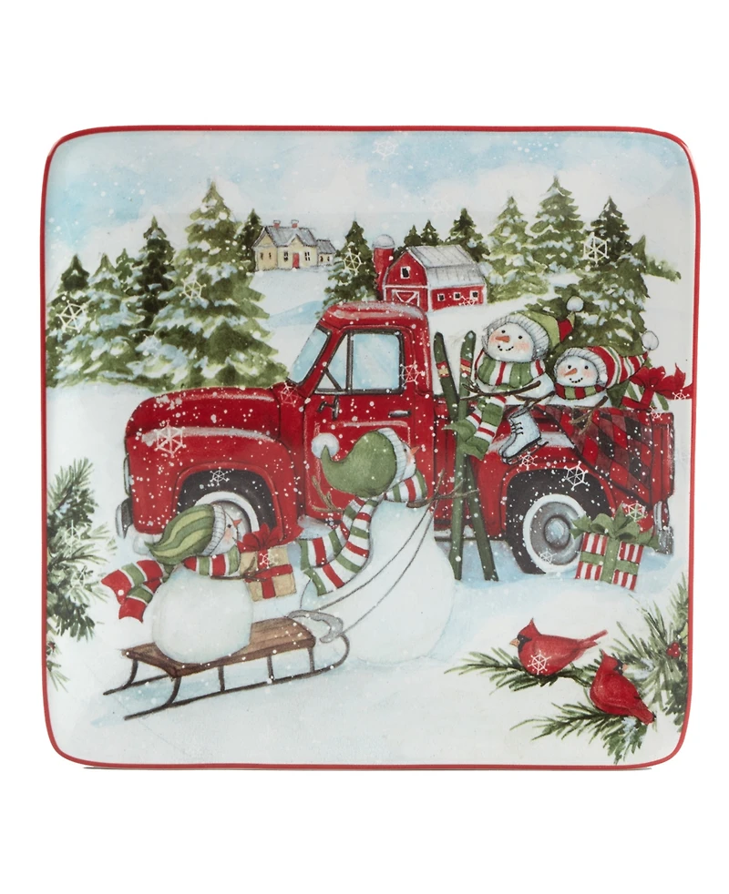 Certified International Red Truck Snowman 4 Piece Dessert Plate Set