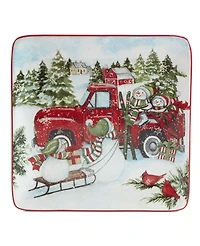 Certified International Red Truck Snowman 4 Piece Dessert Plate Set