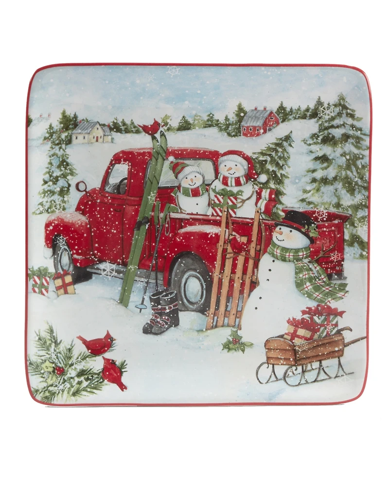 Certified International Red Truck Snowman 4 Piece Dessert Plate Set
