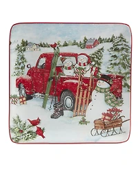 Certified International Red Truck Snowman 4 Piece Dessert Plate Set