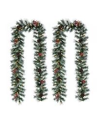 Glitzhome 9' Pre-Lit Greenery Pine Cones and Berries Christmas Garland, with 50 Warm White Lights Set, 2 Piece