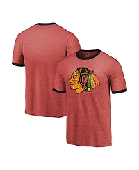 Men's Majestic Threads Heathered Red Chicago Blackhawks Ringer Contrast Tri-Blend T-shirt