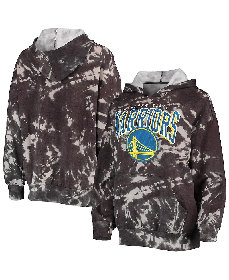 Women's Majestic Threads Black Golden State Warriors Burble Tie-Dye Tri-Blend Pullover Hoodie
