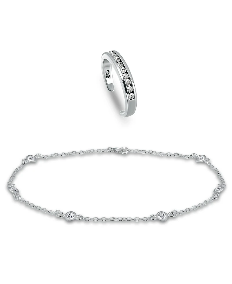 Giani Bernini Cubic Zirconia Channel Set 18K Rose Gold and Gold Over Silver, Sterling Silver Toe Ring with Station Anklet Set, 2 Piece