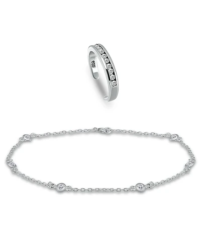 Giani Bernini Cubic Zirconia Channel Set 18K Rose Gold and Gold Over Silver, Sterling Silver Toe Ring with Station Anklet Set, 2 Piece
