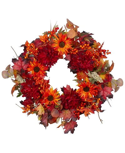 Northlight Leaves and Flowers Fall Harvest Wreath Unlit, 24"