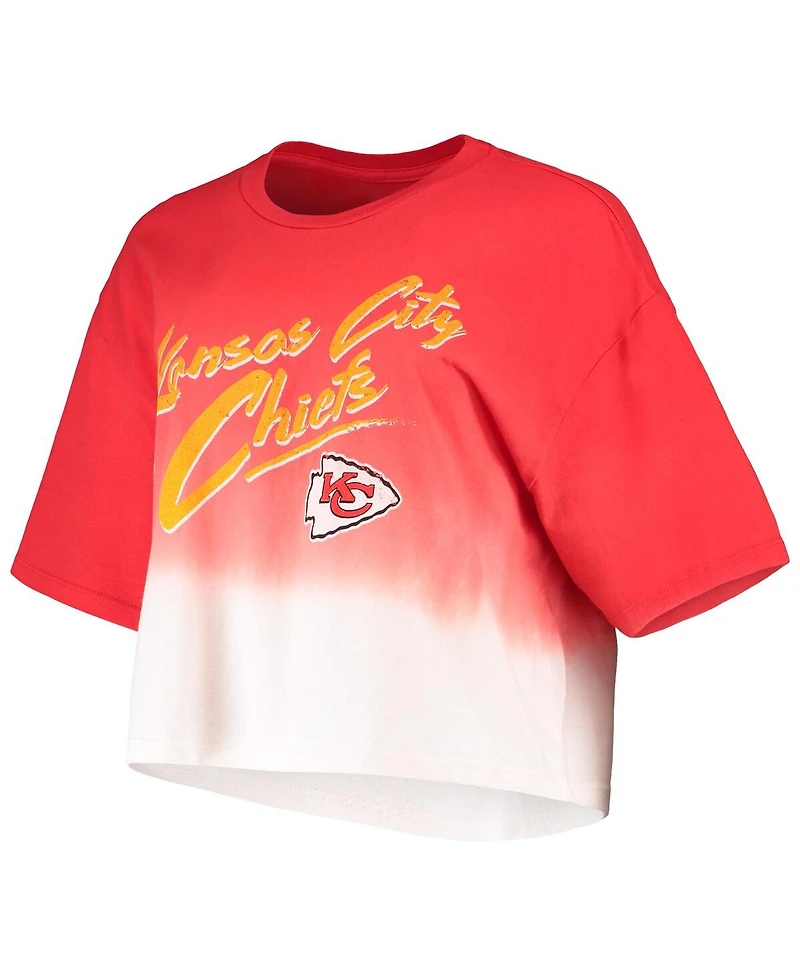 Women's Majestic Threads Patrick Mahomes Red, White Kansas City Chiefs Drip-Dye Player Name and Number Tri-Blend Crop T-shirt
