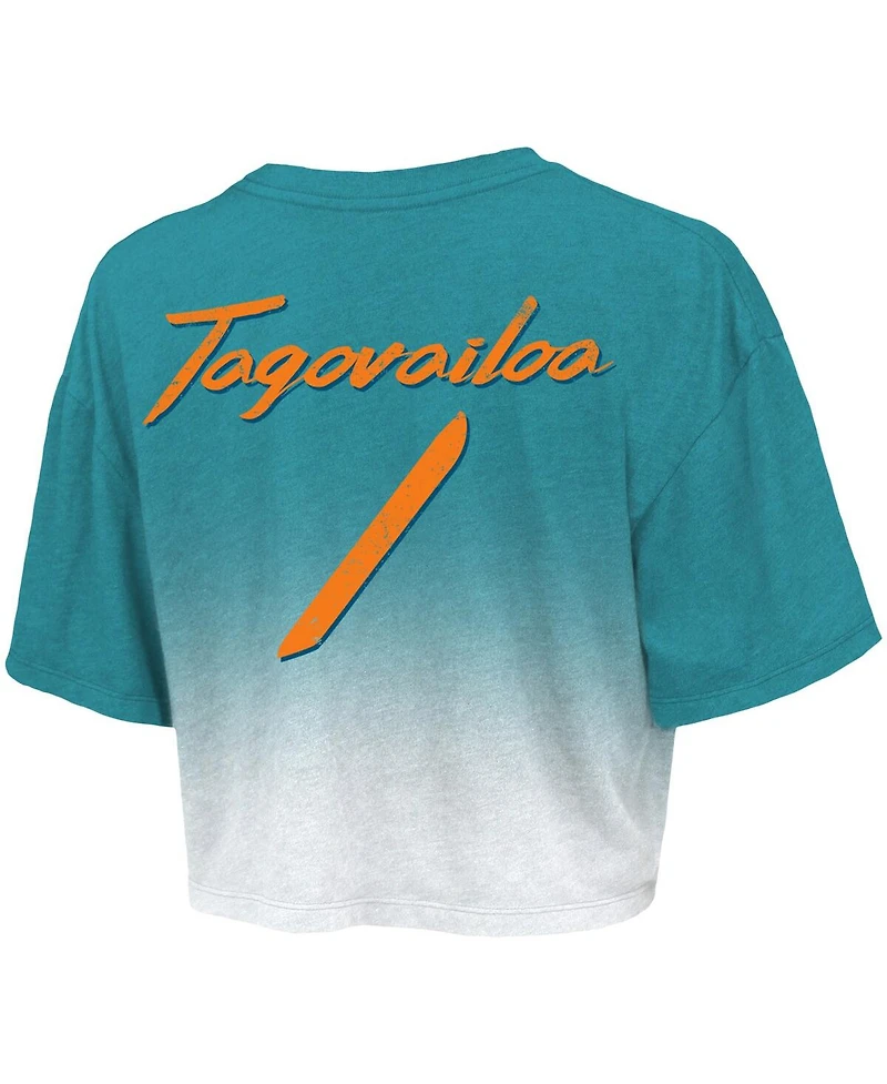 Women's Majestic Threads Tua Tagovailoa Aqua, White Miami Dolphins Drip-Dye Player Name and Number Tri-Blend Crop T-shirt