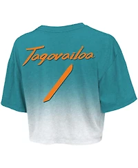 Women's Majestic Threads Tua Tagovailoa Aqua, White Miami Dolphins Drip-Dye Player Name and Number Tri-Blend Crop T-shirt