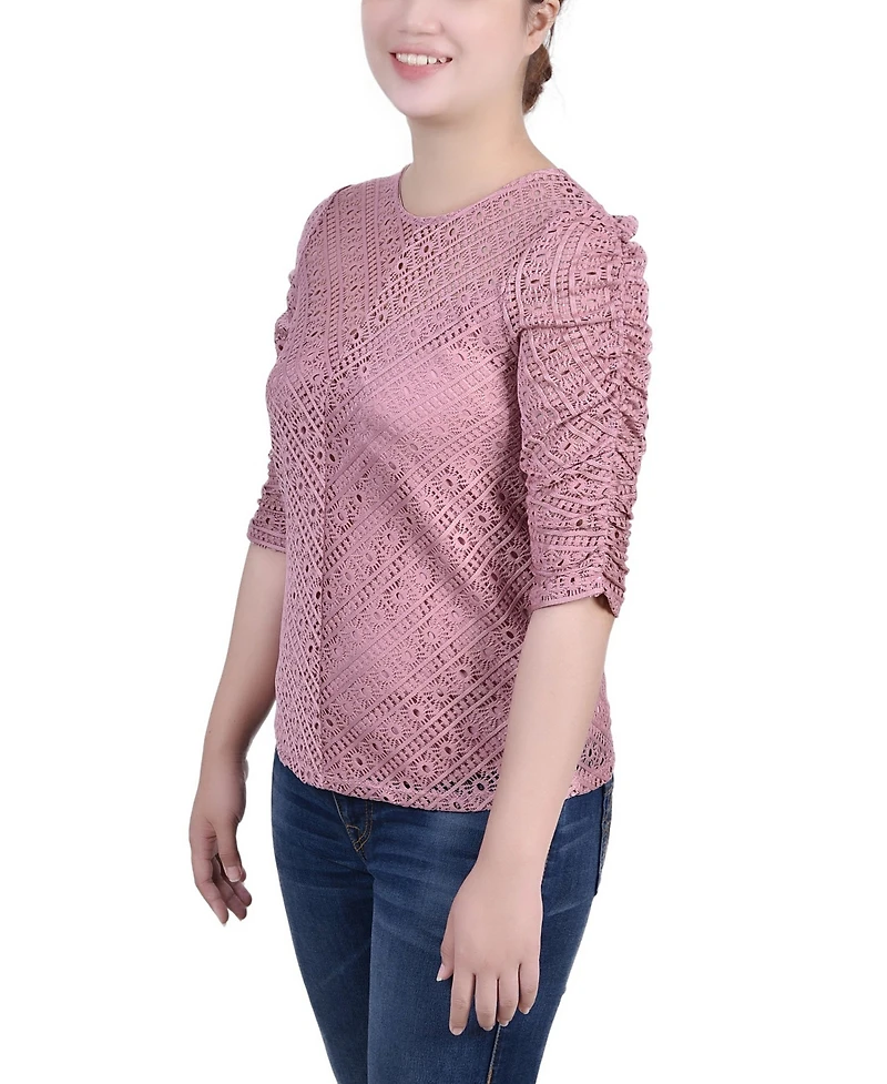 Ny Collection Petite Rouched Sleeve Lace Top